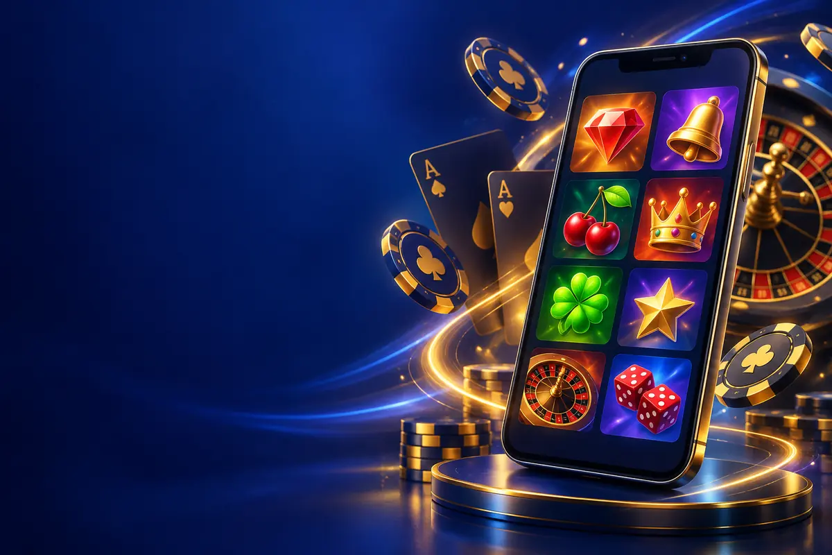 Phone with abstract casino game tiles, roulette and chips