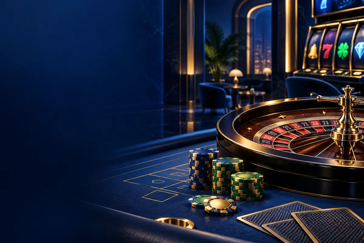 Premium blue-and-gold casino table with roulette, slots and chips