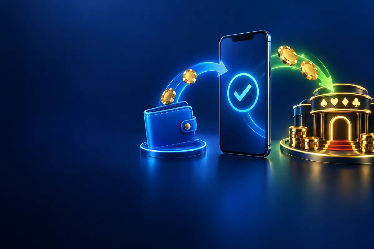 Wallet, phone and casino symbols connected by verified payment paths