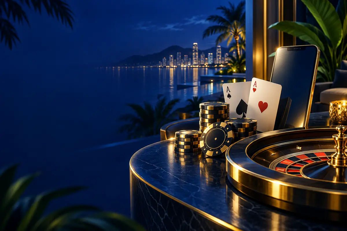 Blue-and-gold casino table beside a phone overlooking a tropical city