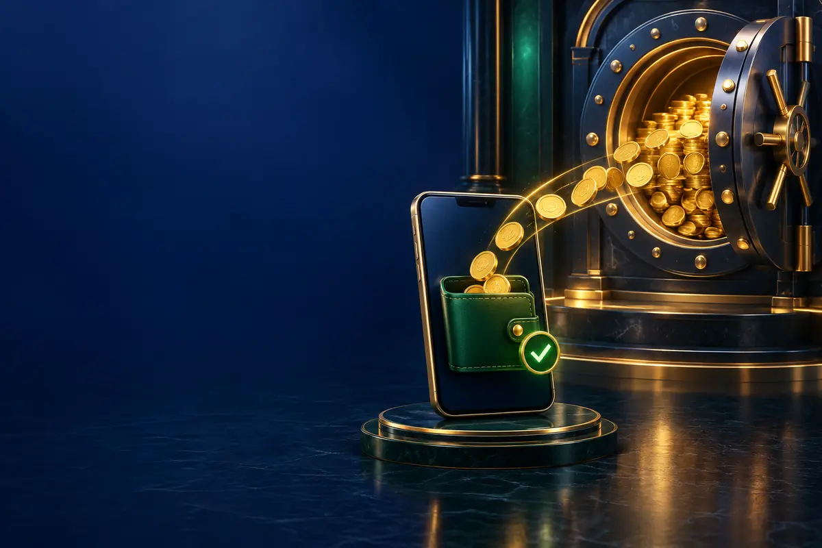 Secure casino vault releasing coins to a mobile wallet